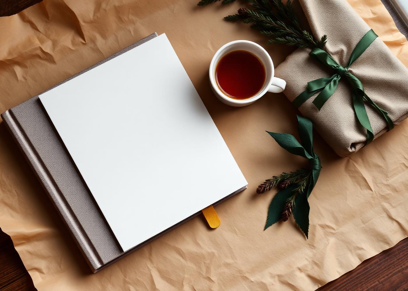 A clothbound book, brass bookmark, tea and a linen-wrapped parcel