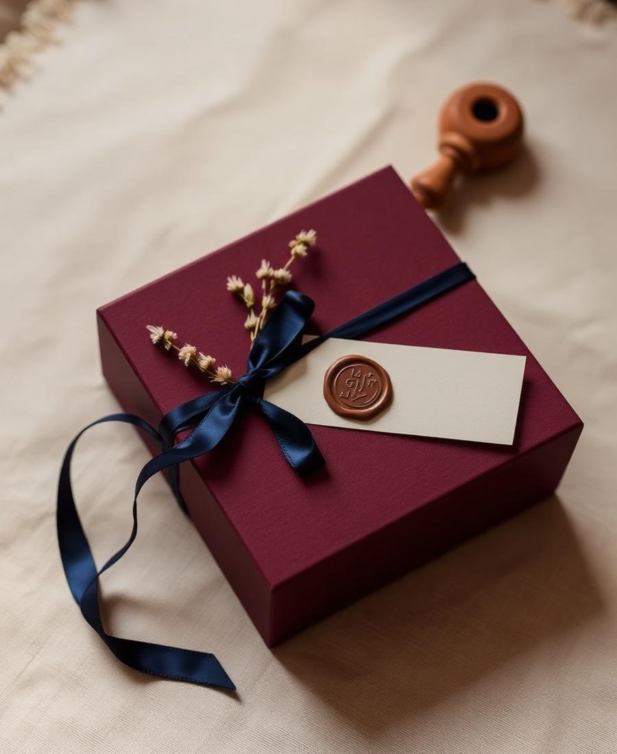 An oxblood keepsake box finished with a navy ribbon