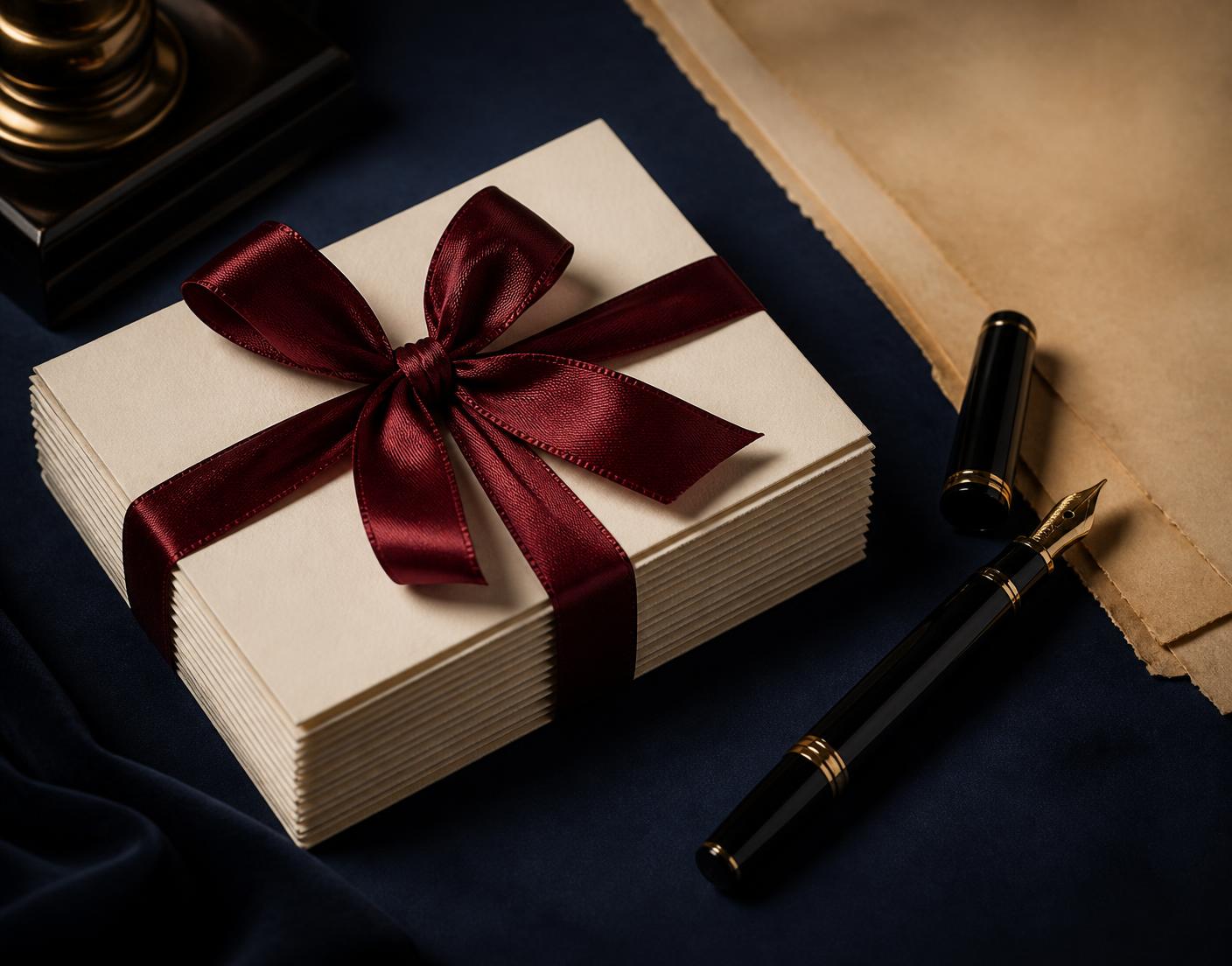 A ribboned stack of letterpress cards with a fountain pen