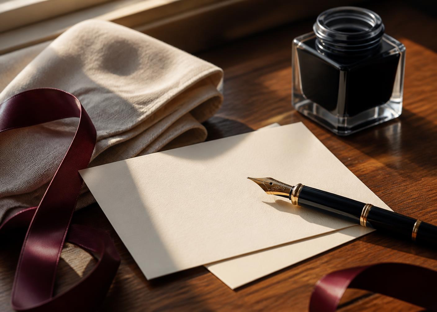 A fountain pen resting on a letterpress card tied with ribbon
