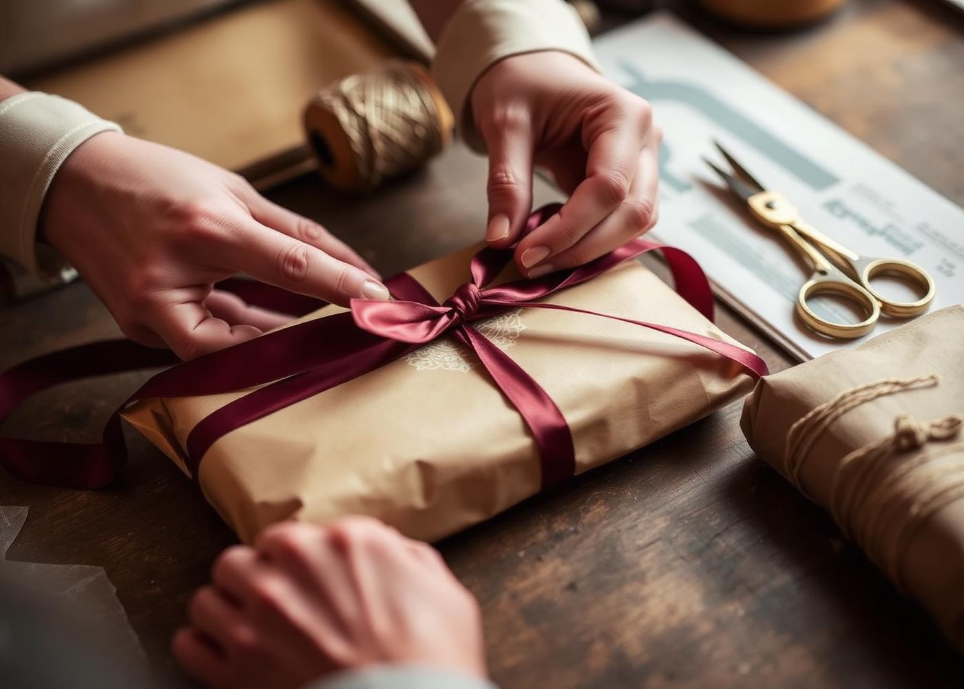 Hands tying an oxblood ribbon around a parcel at a workshop bench
